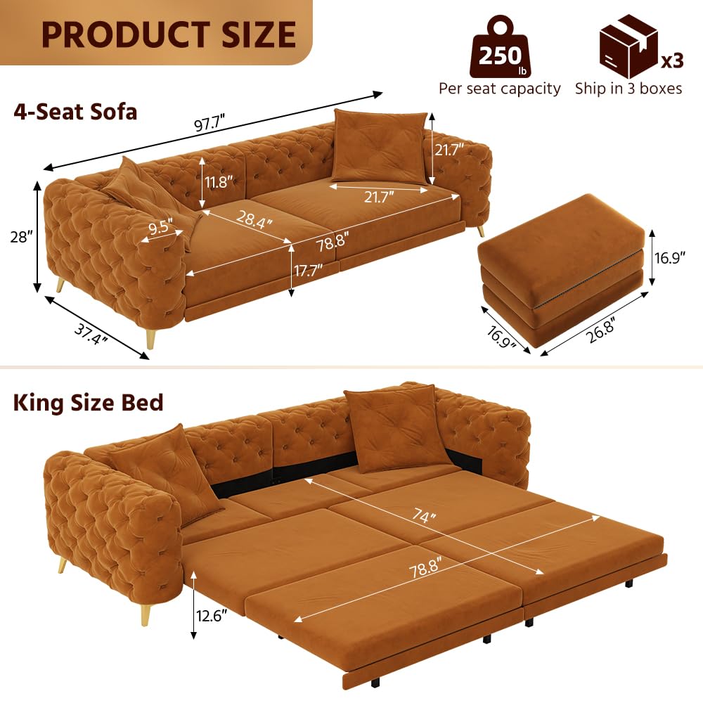 King Velvet Pull Out Sleeper Sofa with Ottoman O51269