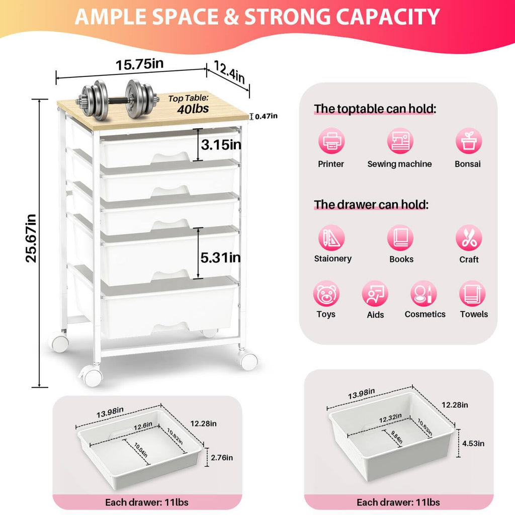 White Rolling Cart with 5 Drawers E351300