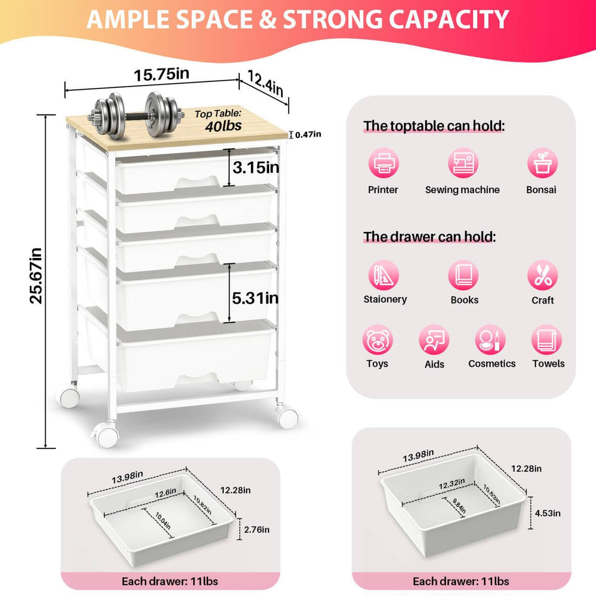 White Rolling Cart with 5 Drawers E351300
