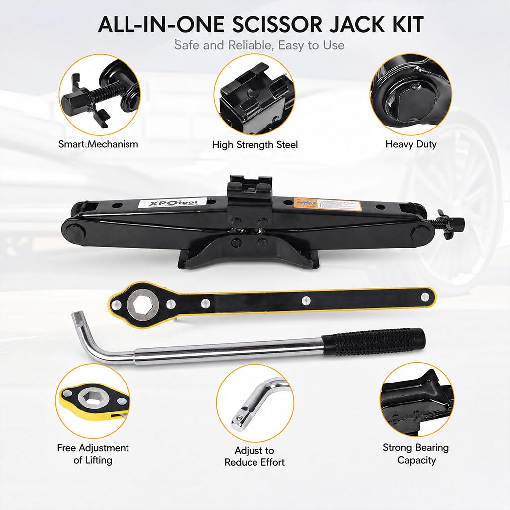 3 Ton Scissor Car Jack, 6614 LBS Heavy Duty Tire Changing Kit with Lug Wrench, Ratchet Wrench, Sockets, Work Gloves, Tire Pressure Gauge and Storage Bag X322806