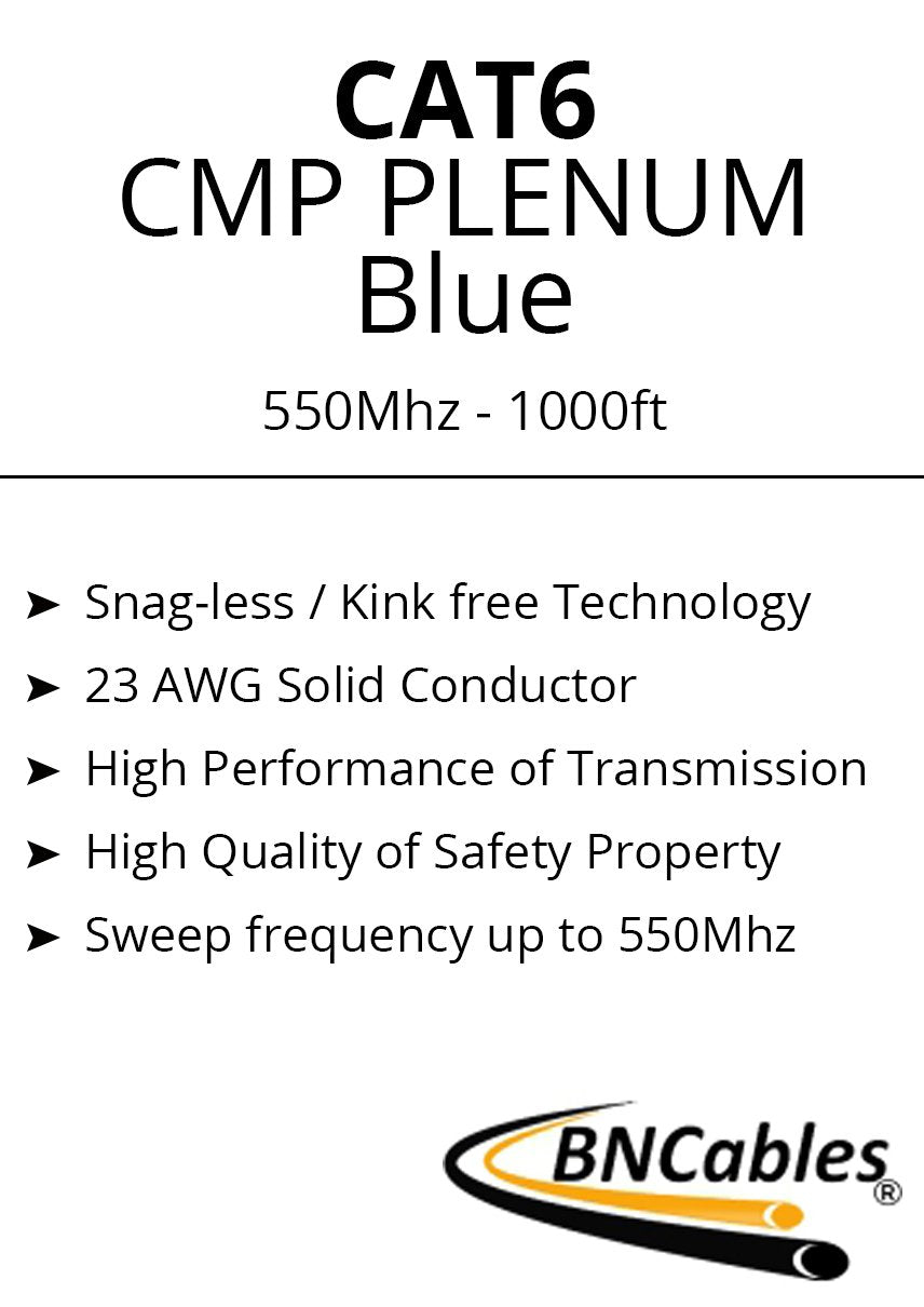 CAT6 Plenum Cable 1000ft Pure Bare Copper 23AWG UTP T577