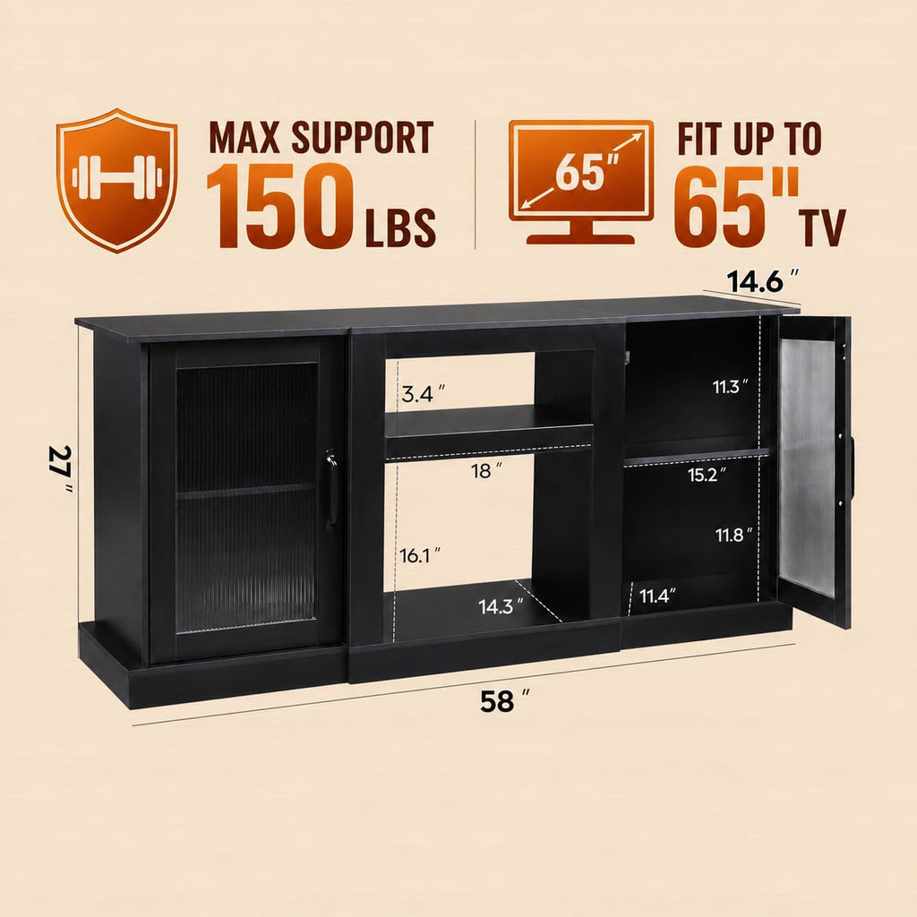 Black 58" TV Stand with Storage Cabinets and Adjustable Shelves Y486827