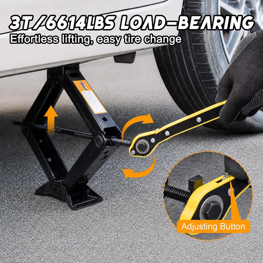 3 Ton Scissor Car Jack, 6614 LBS Heavy Duty Tire Changing Kit with Lug Wrench, Ratchet Wrench, Sockets, Work Gloves, Tire Pressure Gauge and Storage Bag X322806