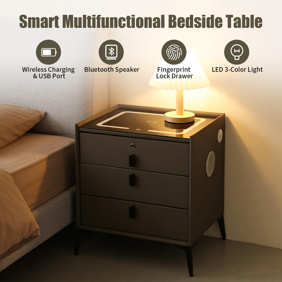Dark Grey 3-Drawer Nightstand with Charging Station B766370