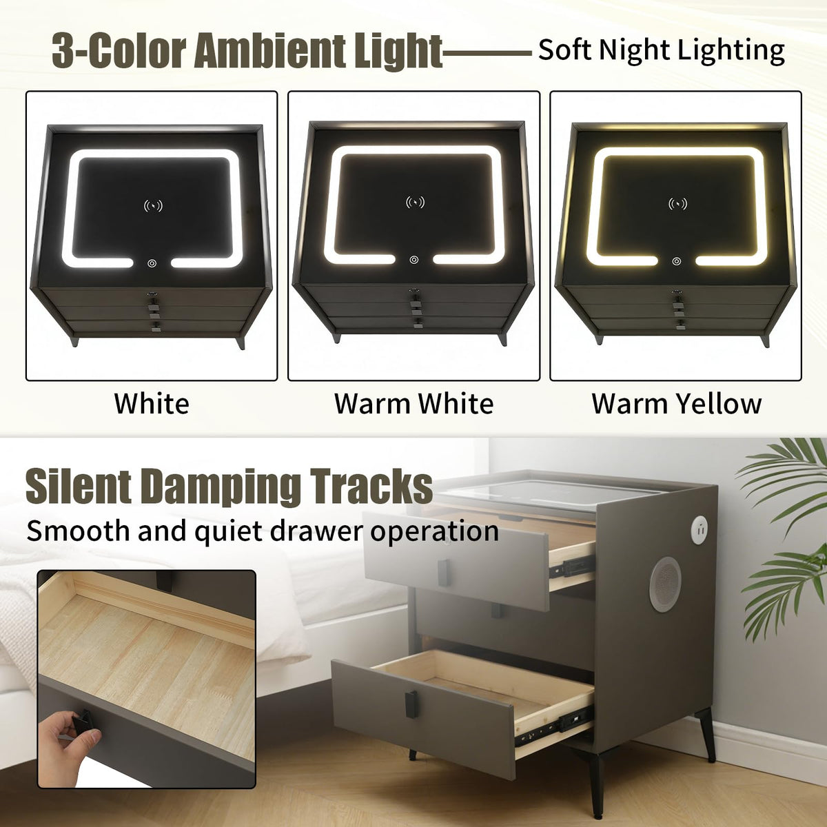 Dark Grey 3-Drawer Nightstand with Charging Station B766370