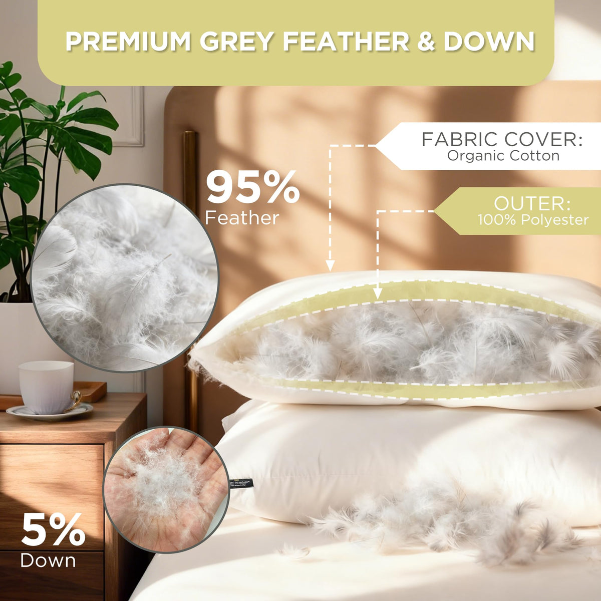 Feather and Down Pillows, 100% Organic Cotton Cover F5549