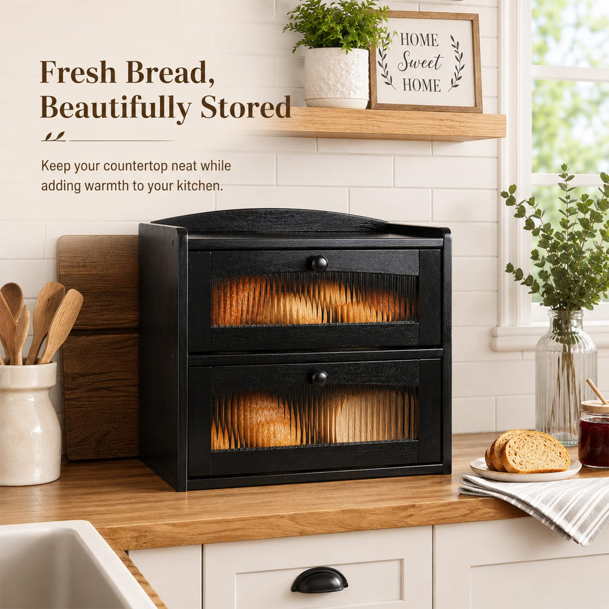 Wooden 2-Tier Bread Box with Window H88778
