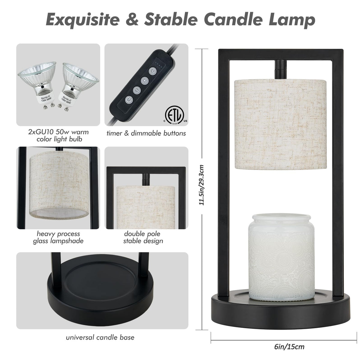 Black Candle Warmer Lamp with Timer, Linen Fabric Shade, 3-Level Dimmable T56073