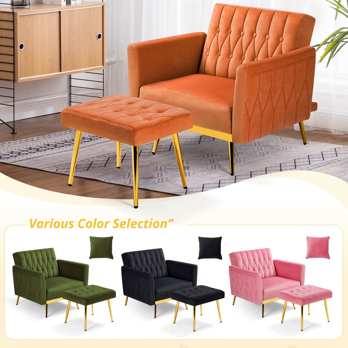 Velvet Accent Chair with Ottoman & Adjustable Backrest X9399