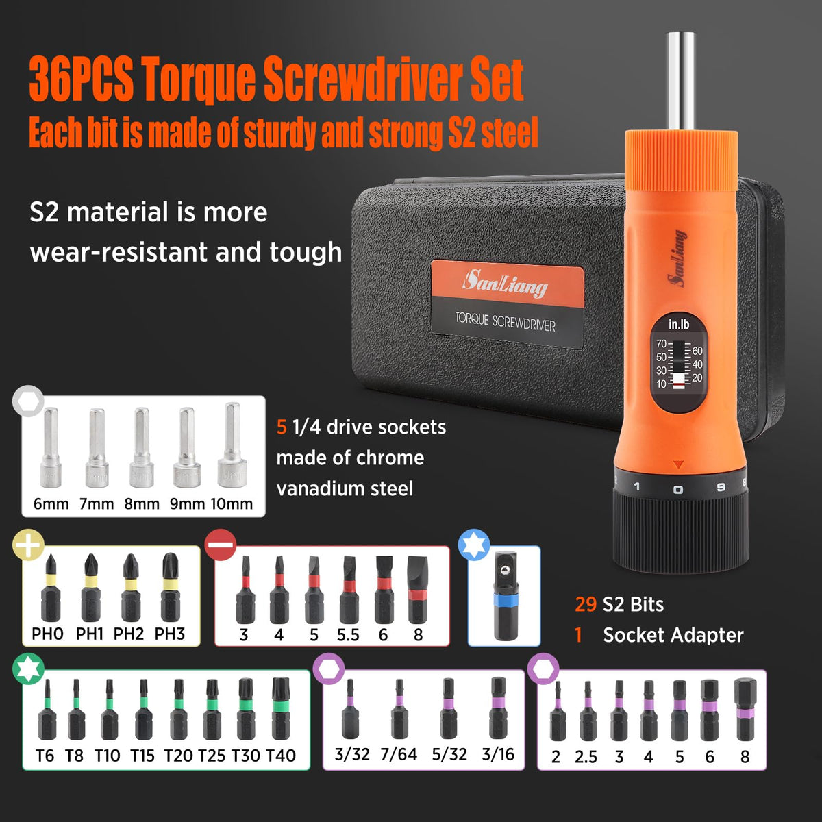 36Pcs Torque Screwdriver Wrench Set with 29 S2 Bits W9342