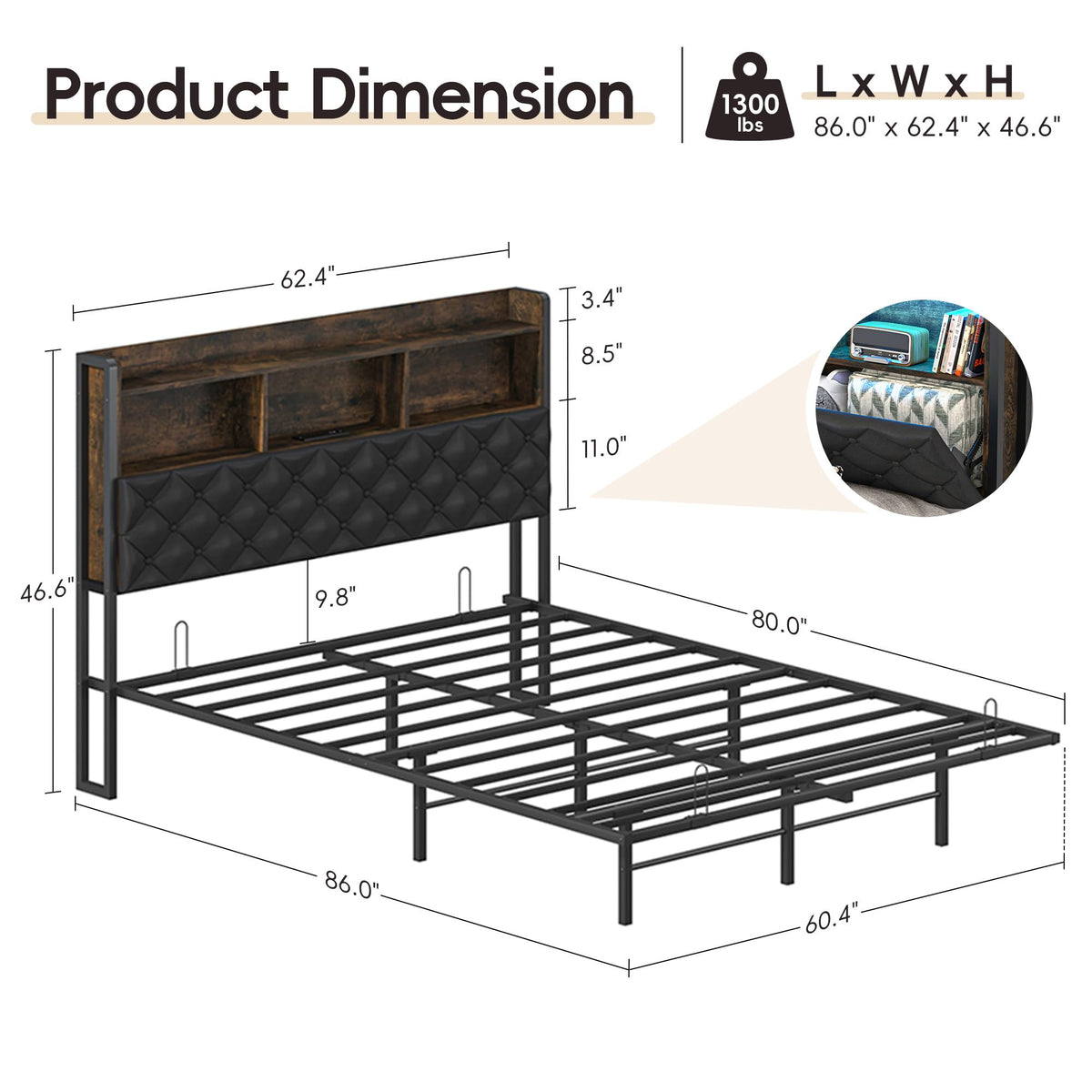 Queen Size Metal Platform Bed with Storage Bookcase Headboard T105779
