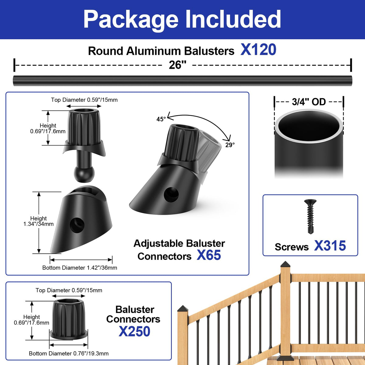 26" Black Aluminum Deck Balusters 120 Pack A309416