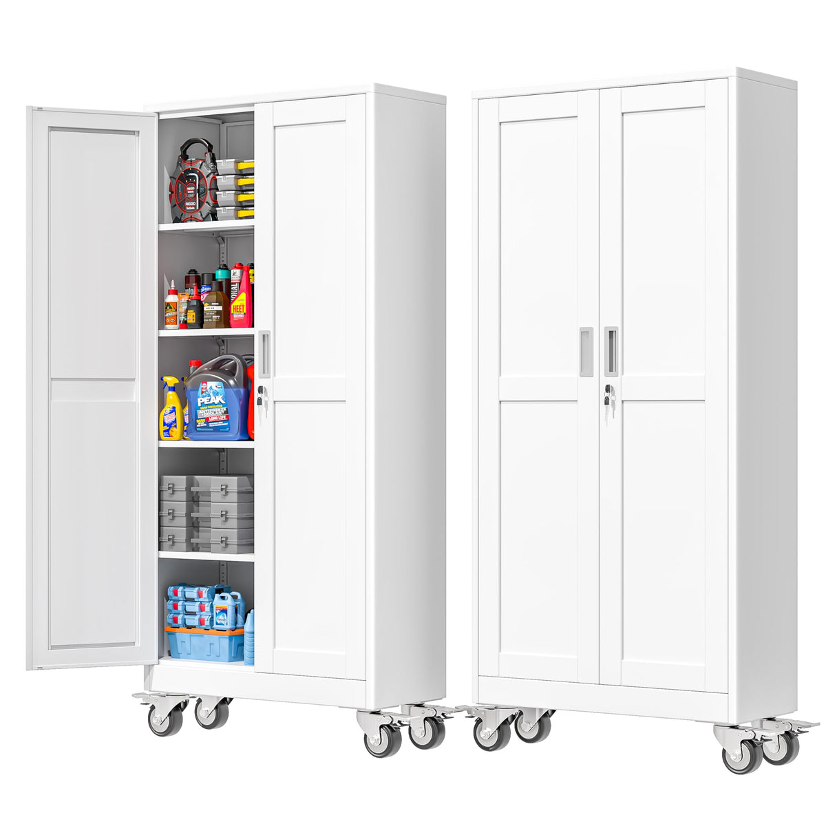 71''H White Metal Storage Cabinet with Wheels A5175