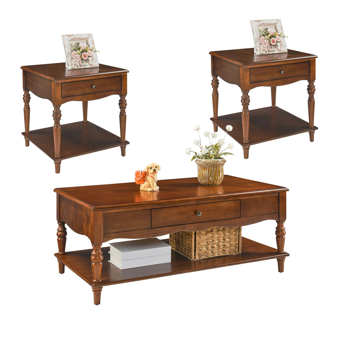 Rectangular Coffee Table and Two Square End Tables with Storage Drawer Z19844