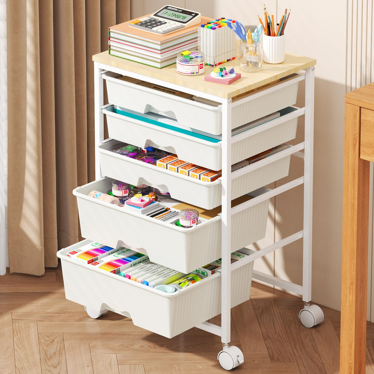 White Rolling Cart with 5 Drawers E351300