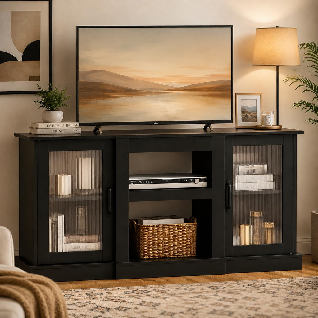 Black 58" TV Stand with Storage Cabinets and Adjustable Shelves Y486827