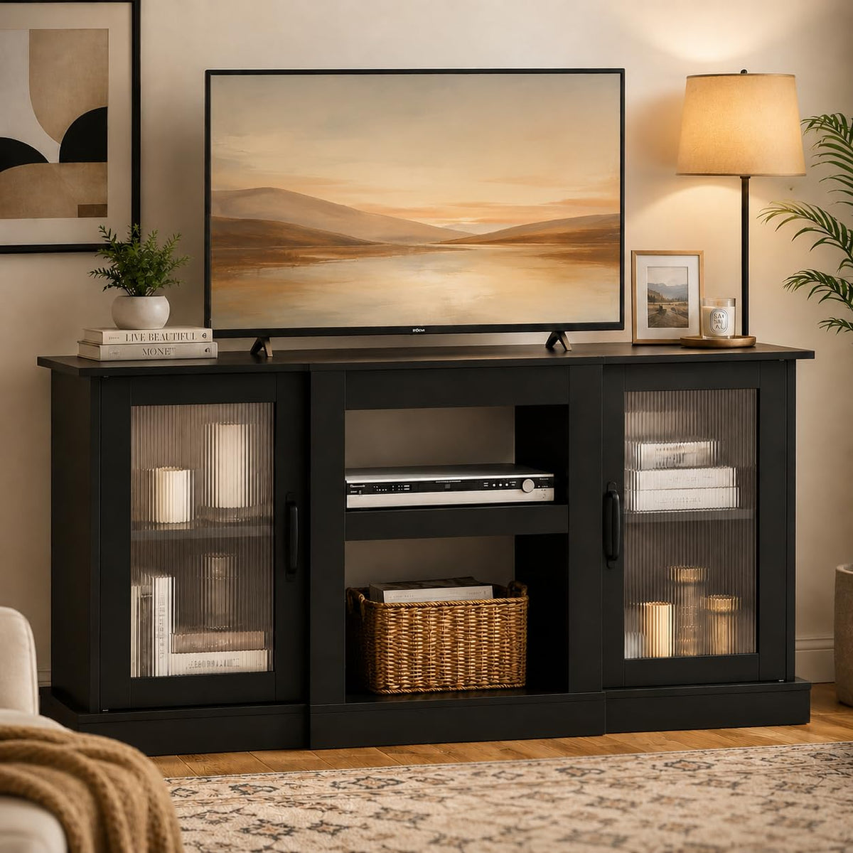 Black 58" TV Stand with Storage Cabinets and Adjustable Shelves Y486827