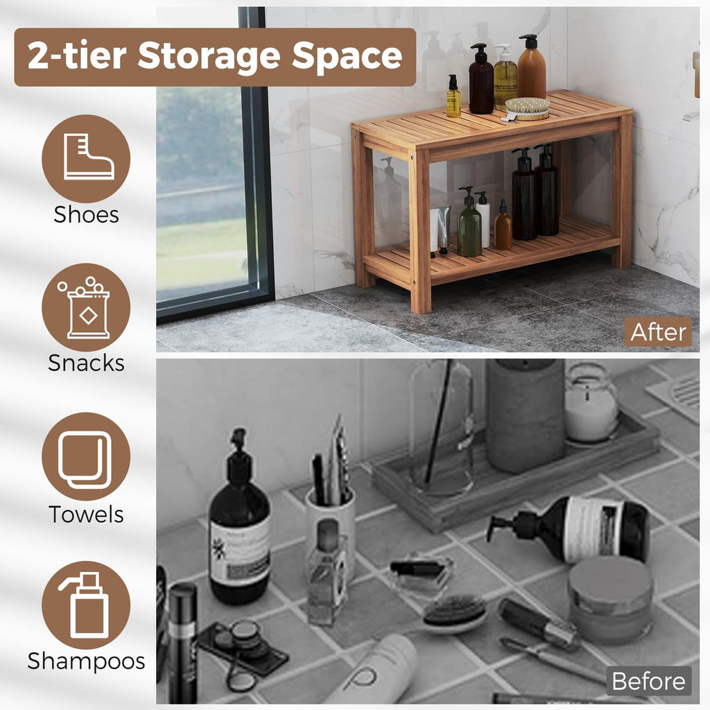 Teak Shower Bench with Shelf W472050