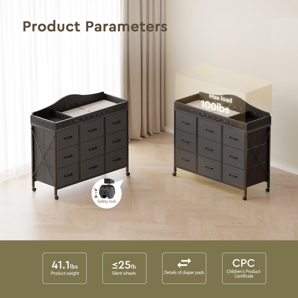 Black Changing Table with 9 Fabric Boxes K47457