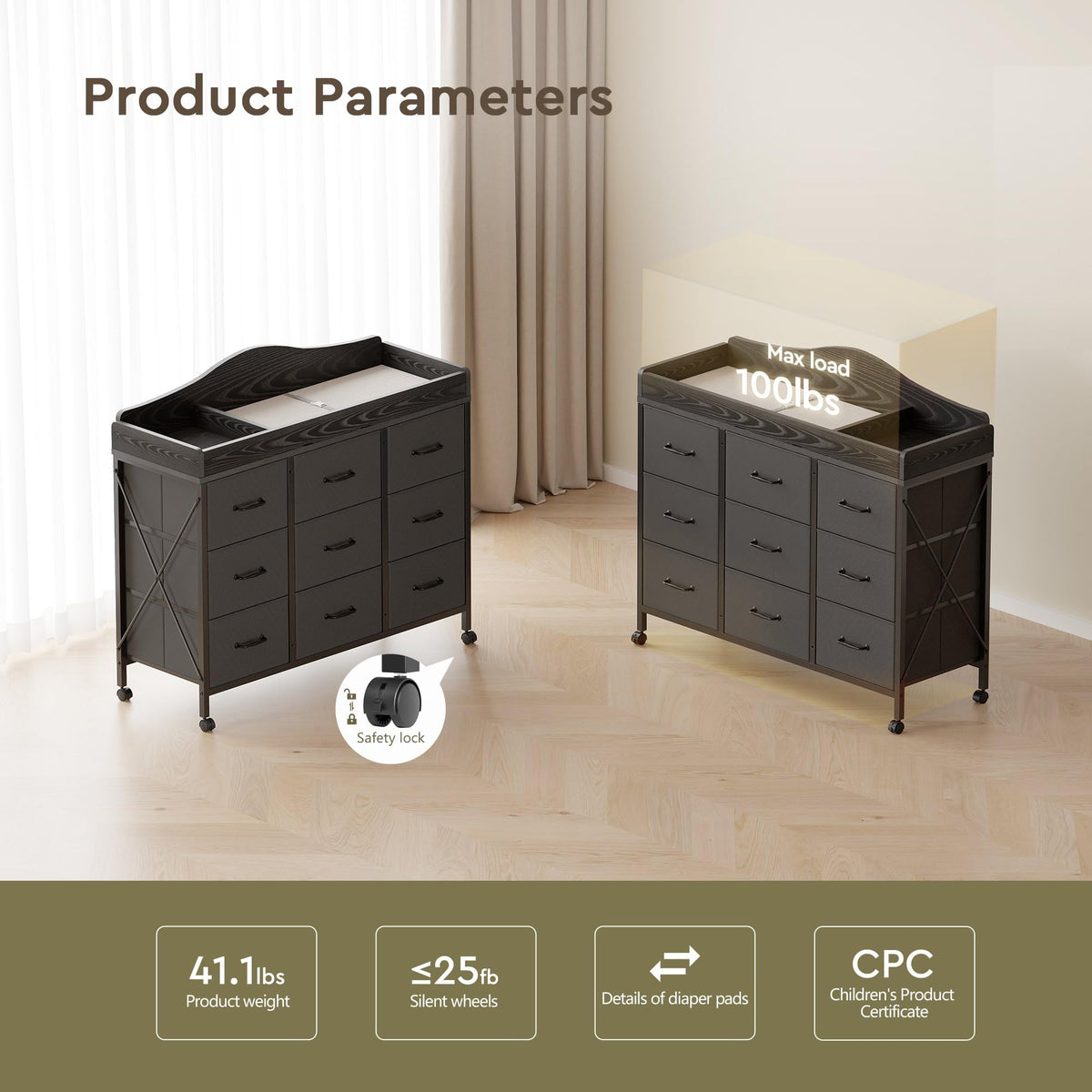 Black Changing Table with 9 Fabric Boxes K47457
