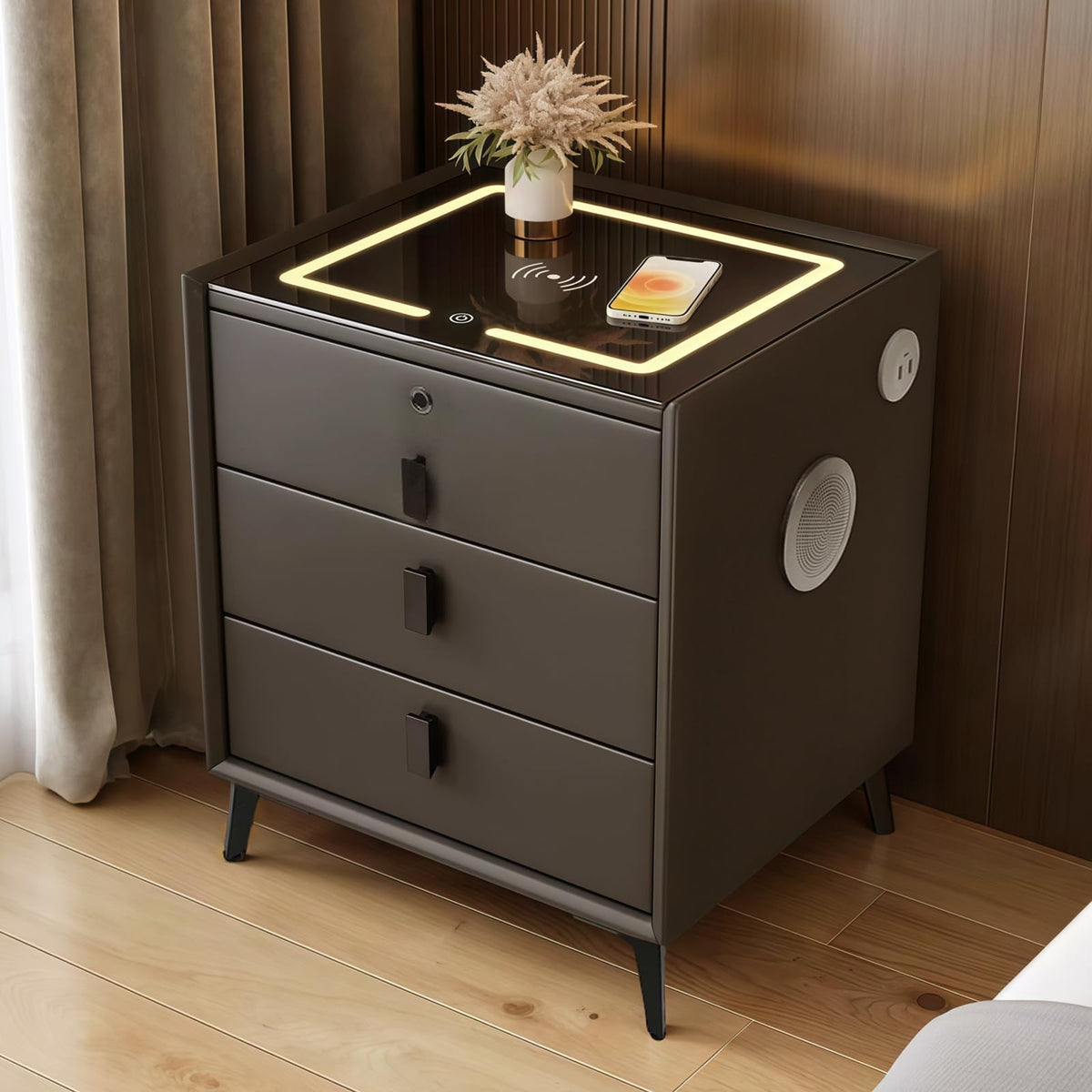 Dark Grey 3-Drawer Nightstand with Charging Station B766370