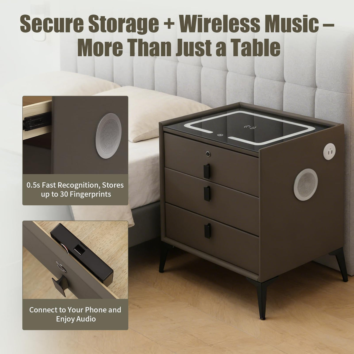 Dark Grey 3-Drawer Nightstand with Charging Station B766370