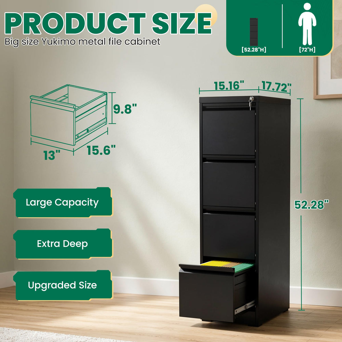 Black 4 Drawer Metal File Cabinet with Lock Y973854