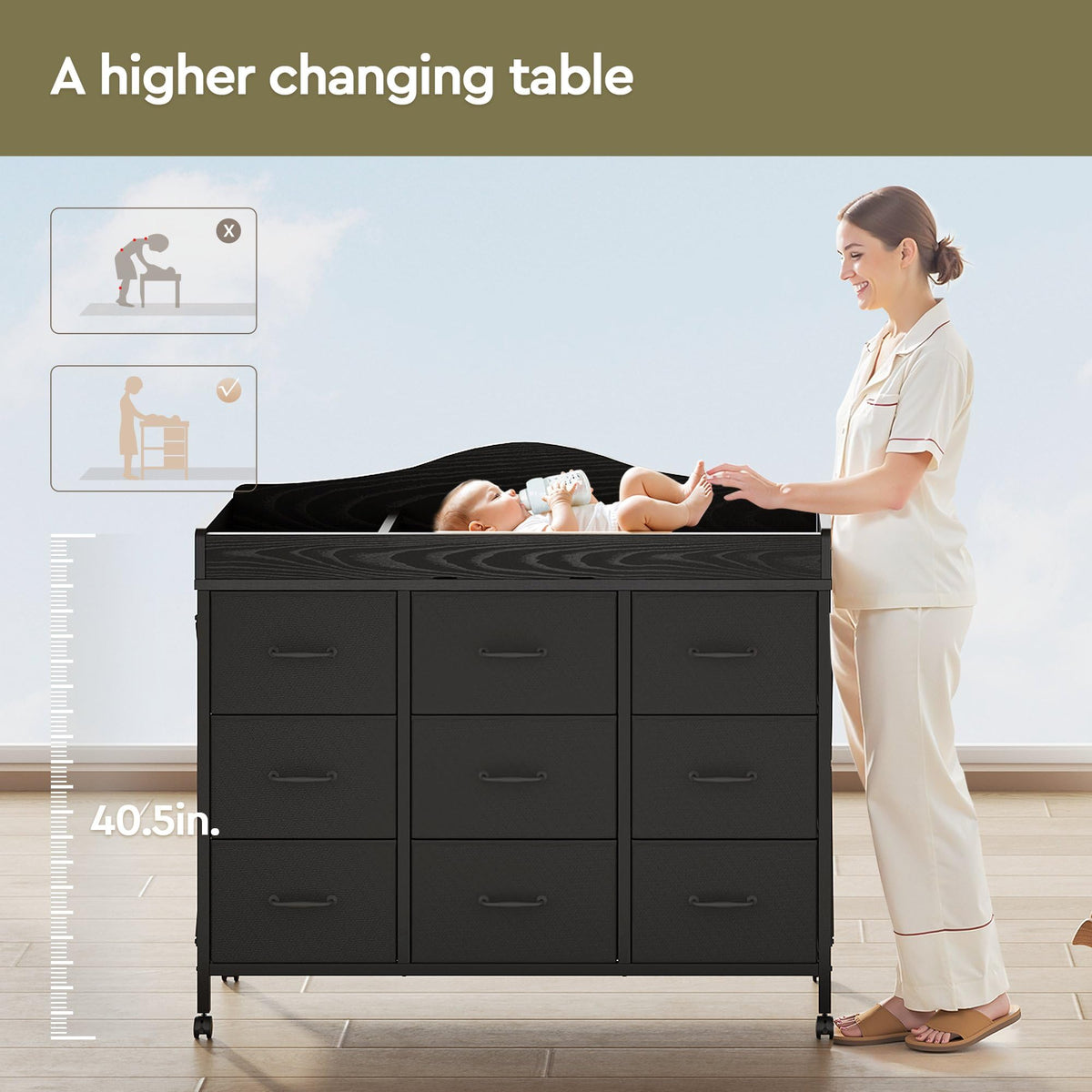 Black Changing Table with 9 Fabric Boxes K47457