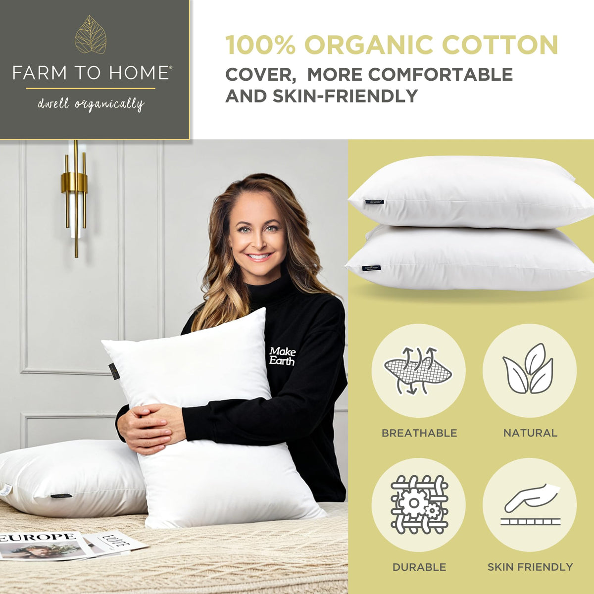 Feather and Down Pillows, 100% Organic Cotton Cover F5549