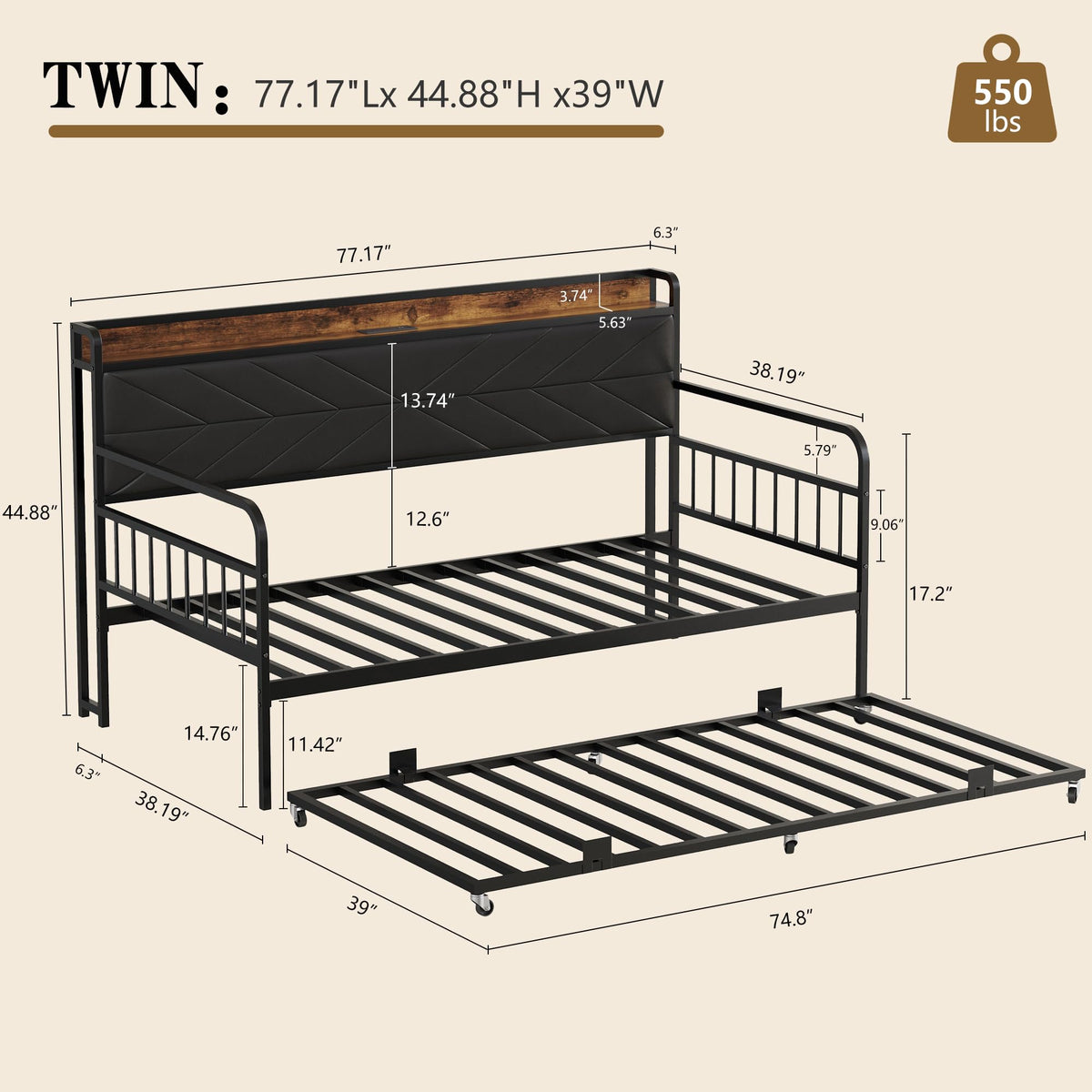 Black Metal Twin Daybed with Trundle and Storage Headboard F867696