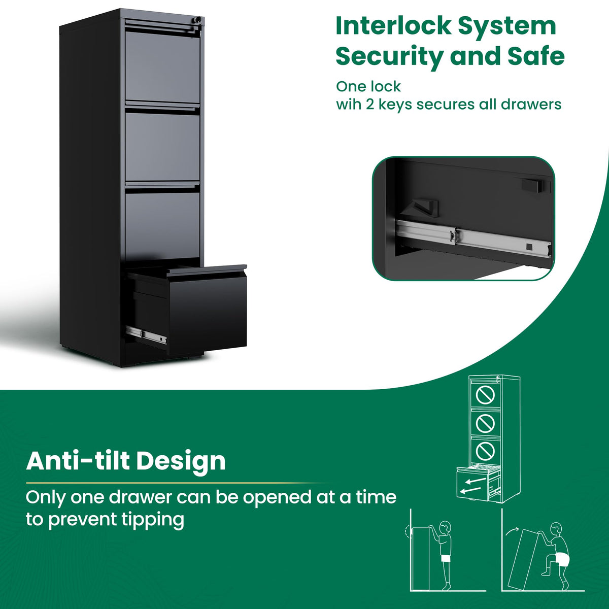 Black 4 Drawer Metal File Cabinet with Lock Y973854