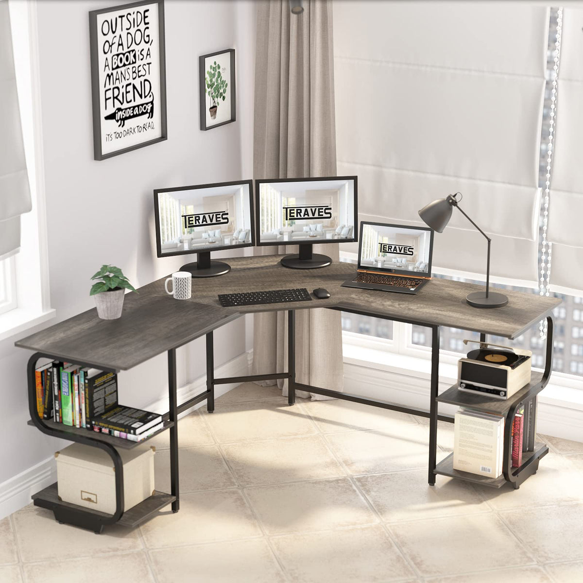 L Shaped Desk with Shelves G229