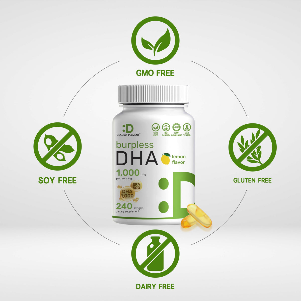 240 Softgels Lemon Flavor DHA 1000mg EPA 500mg Omega-3 Softgels M14543