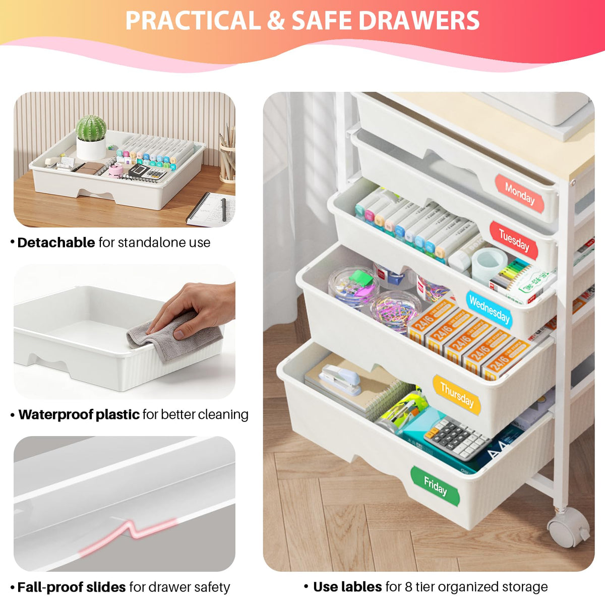 White Rolling Cart with 5 Drawers E351300