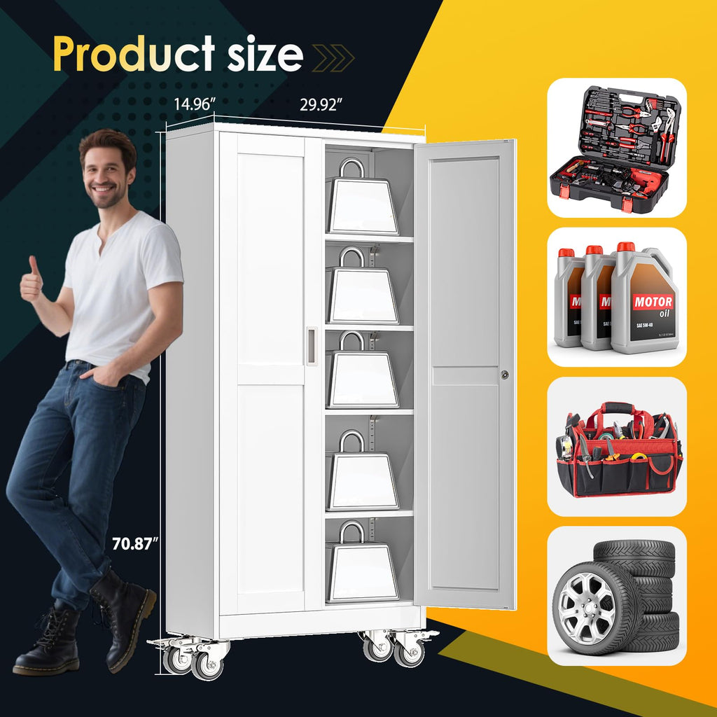 71''H White Metal Storage Cabinet with Wheels A5175