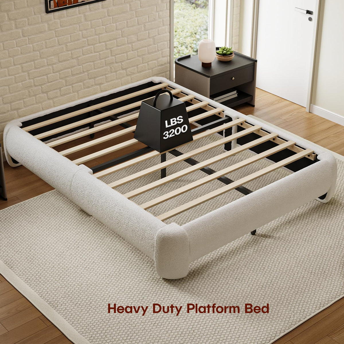 Queen Size White Boucle Upholstered Bed Frame U985