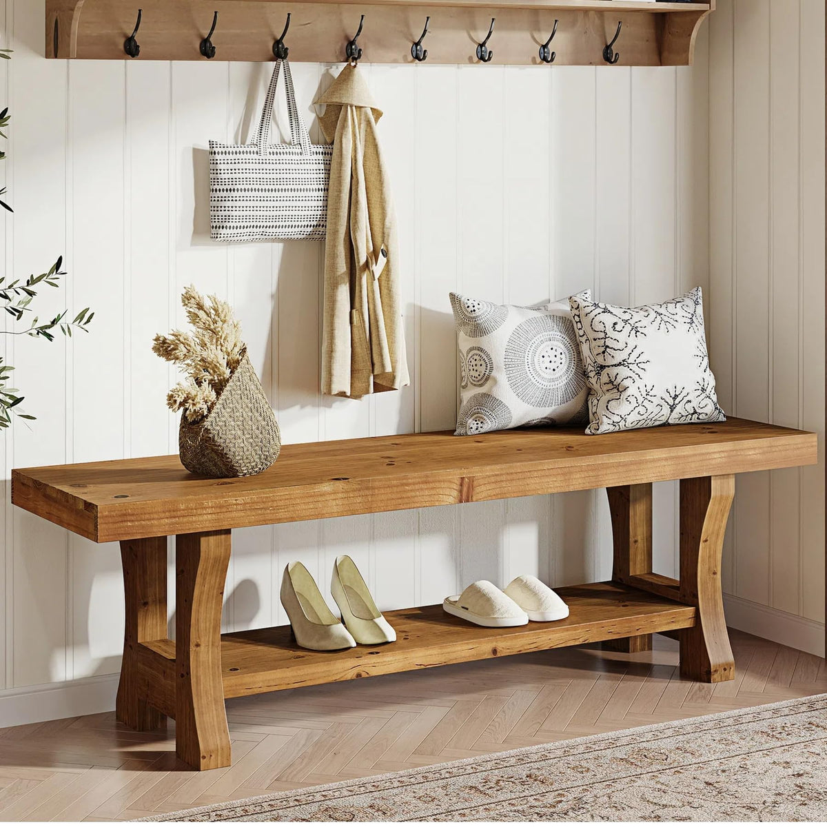 Brown Solid Wood Entryway Bench P7784