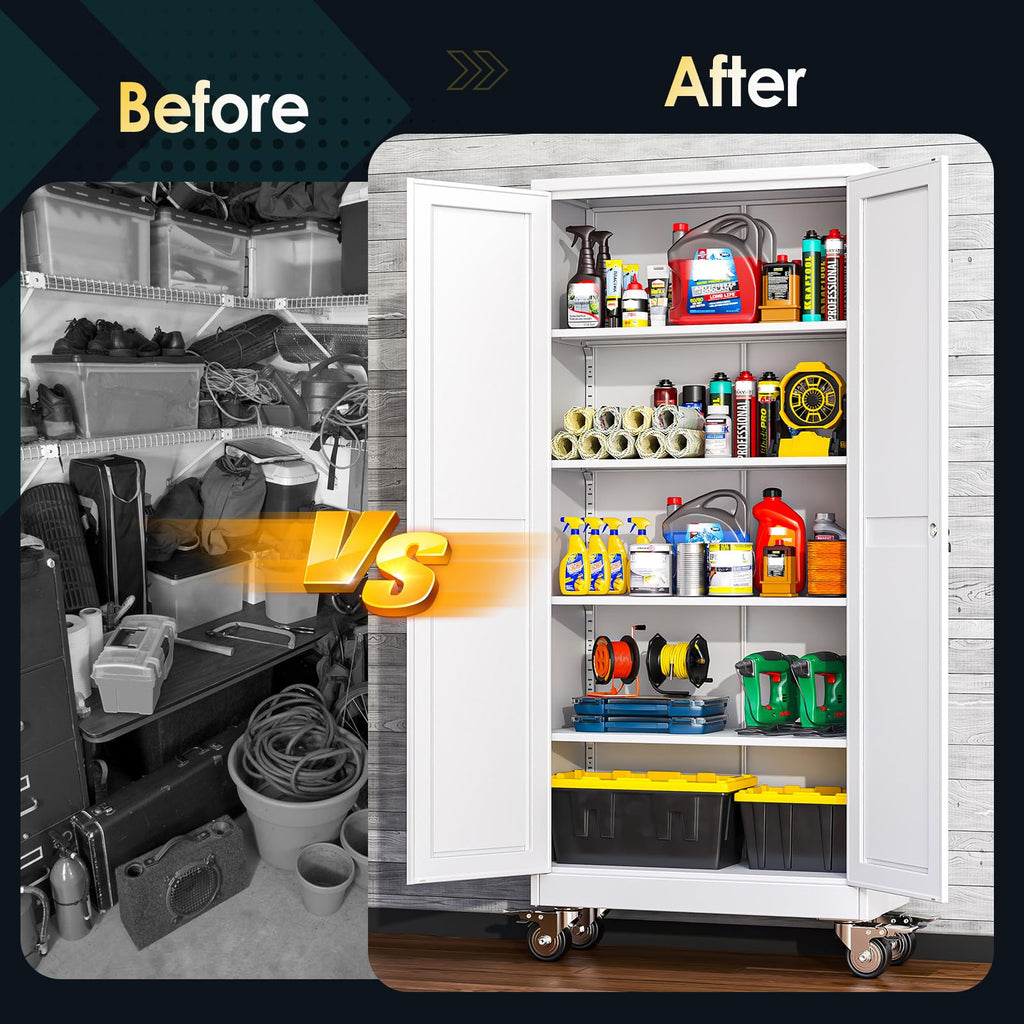 71''H White Metal Storage Cabinet with Wheels A5175