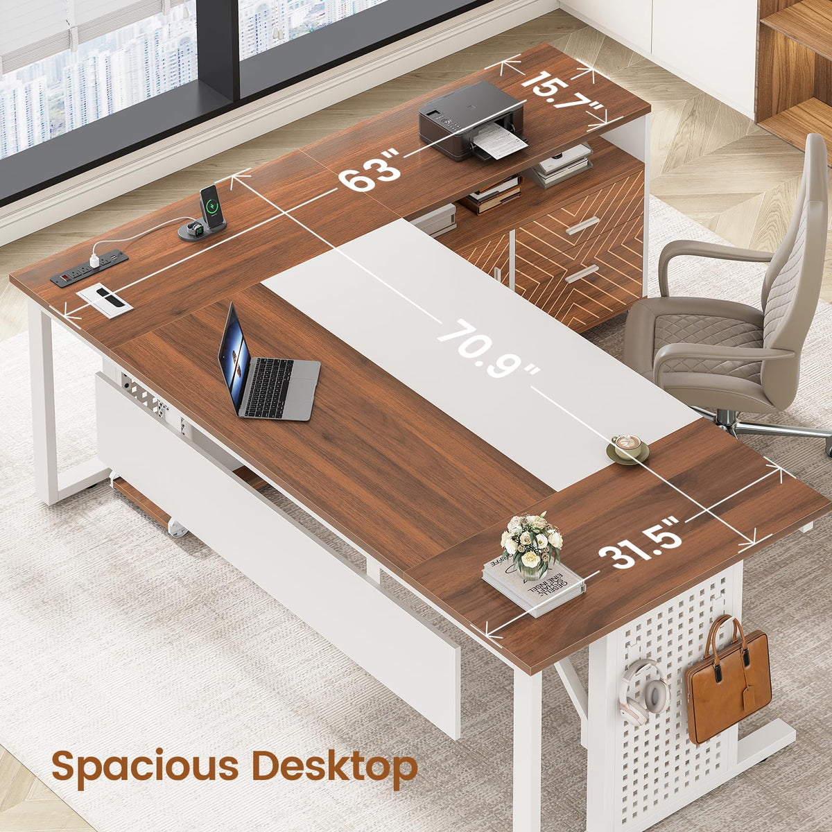 71" White L Shaped Computer Desk with Drawers J482358