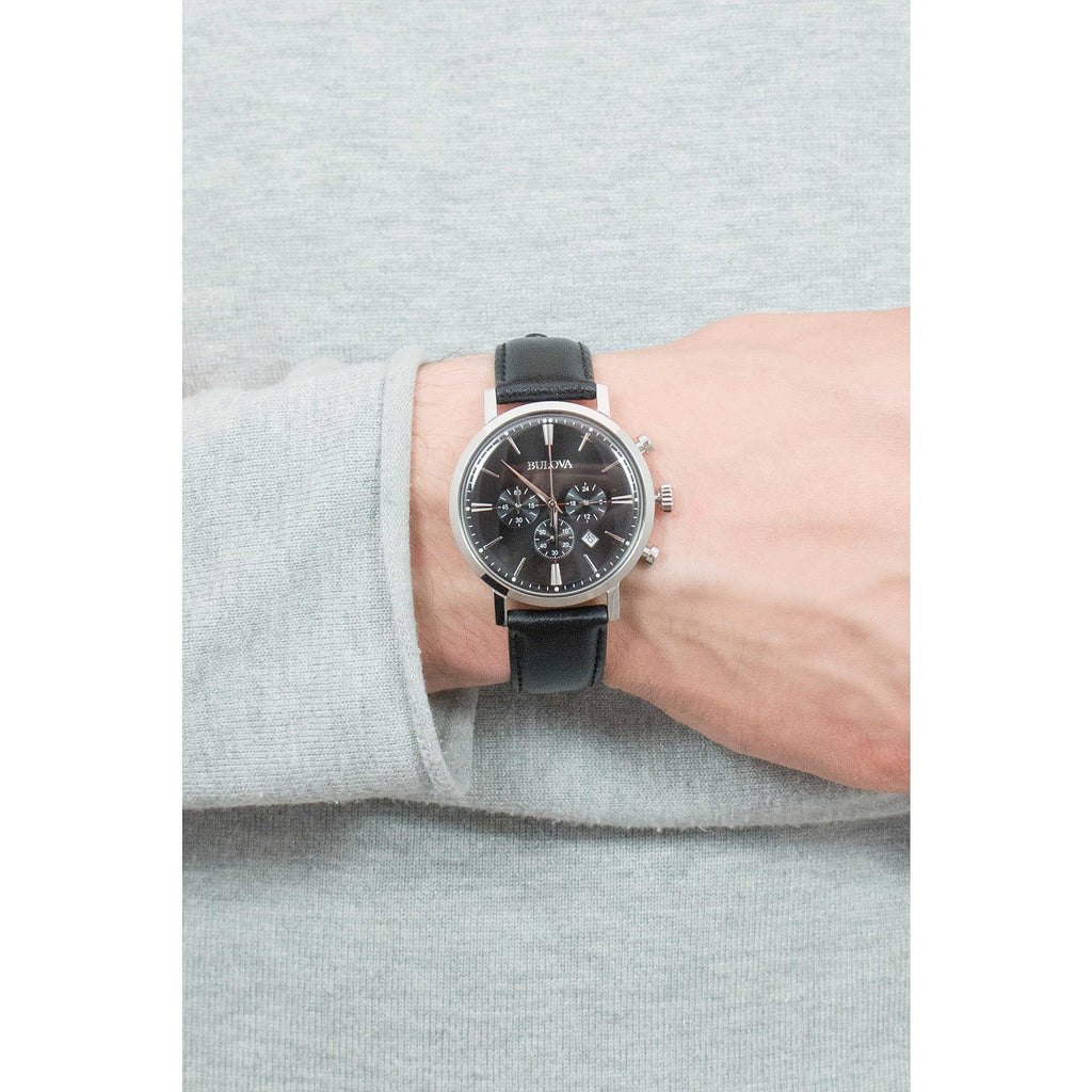 Men's Stainless Steel Chronograph Watch with Black Leather Strap F517