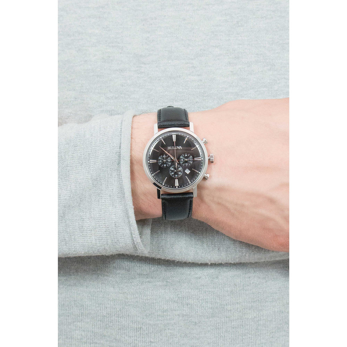 Men's Stainless Steel Chronograph Watch with Black Leather Strap F517