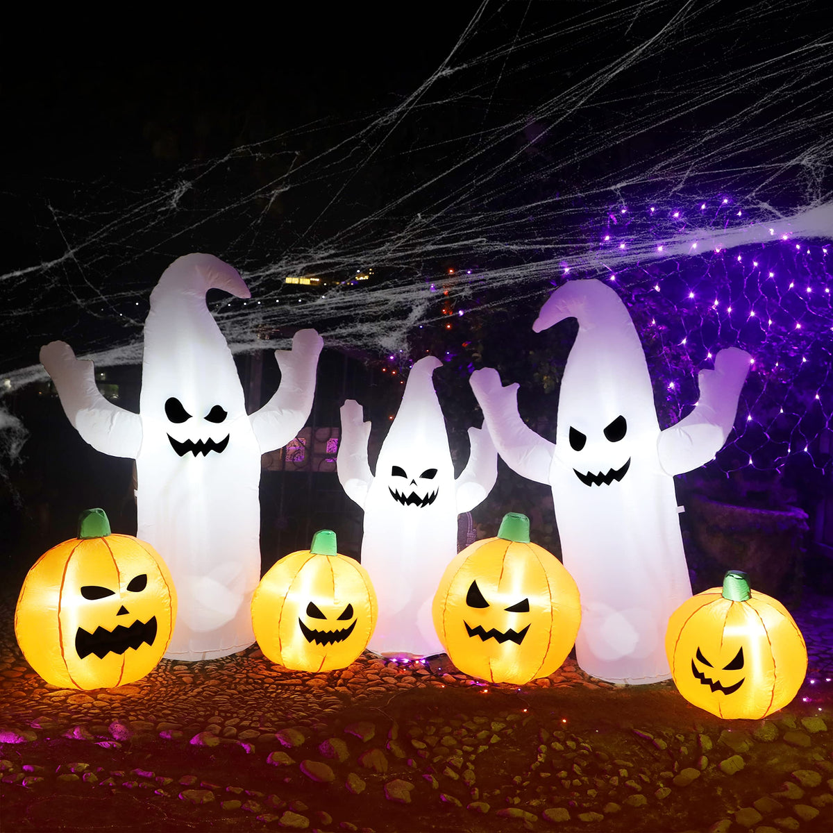 8 FT Lighted Halloween Inflatable Ghosts with Pumpkins W238080