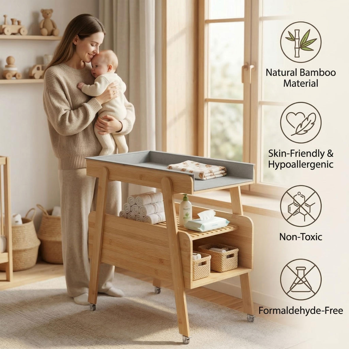 Flat Top Diaper Changing Station with Wheels and Changing Pad Y514347