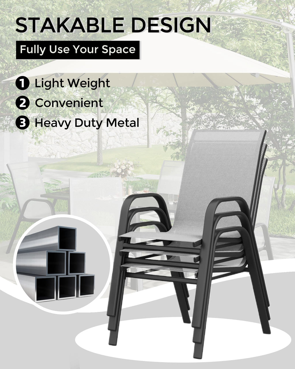 Stackable Outdoor Dining Chairs Set of 4 Textilene Fabric Metal Frame Grey W155