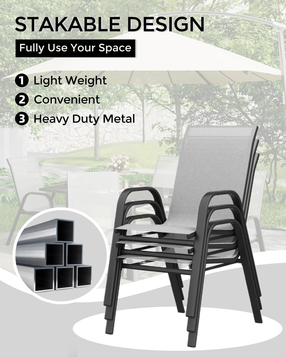 Stackable Outdoor Dining Chairs Set of 4 Textilene Fabric Metal Frame Grey W155