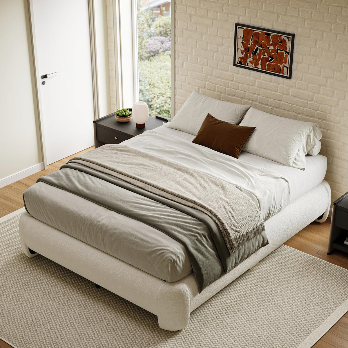 Queen Size White Boucle Upholstered Bed Frame U985