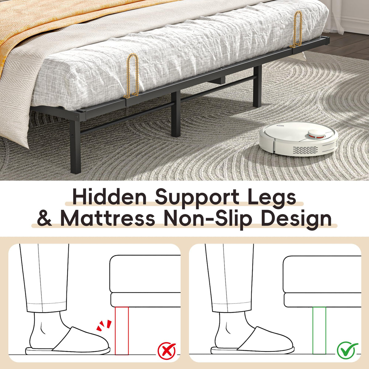 Queen Size Metal Platform Bed with Storage Bookcase Headboard T105779