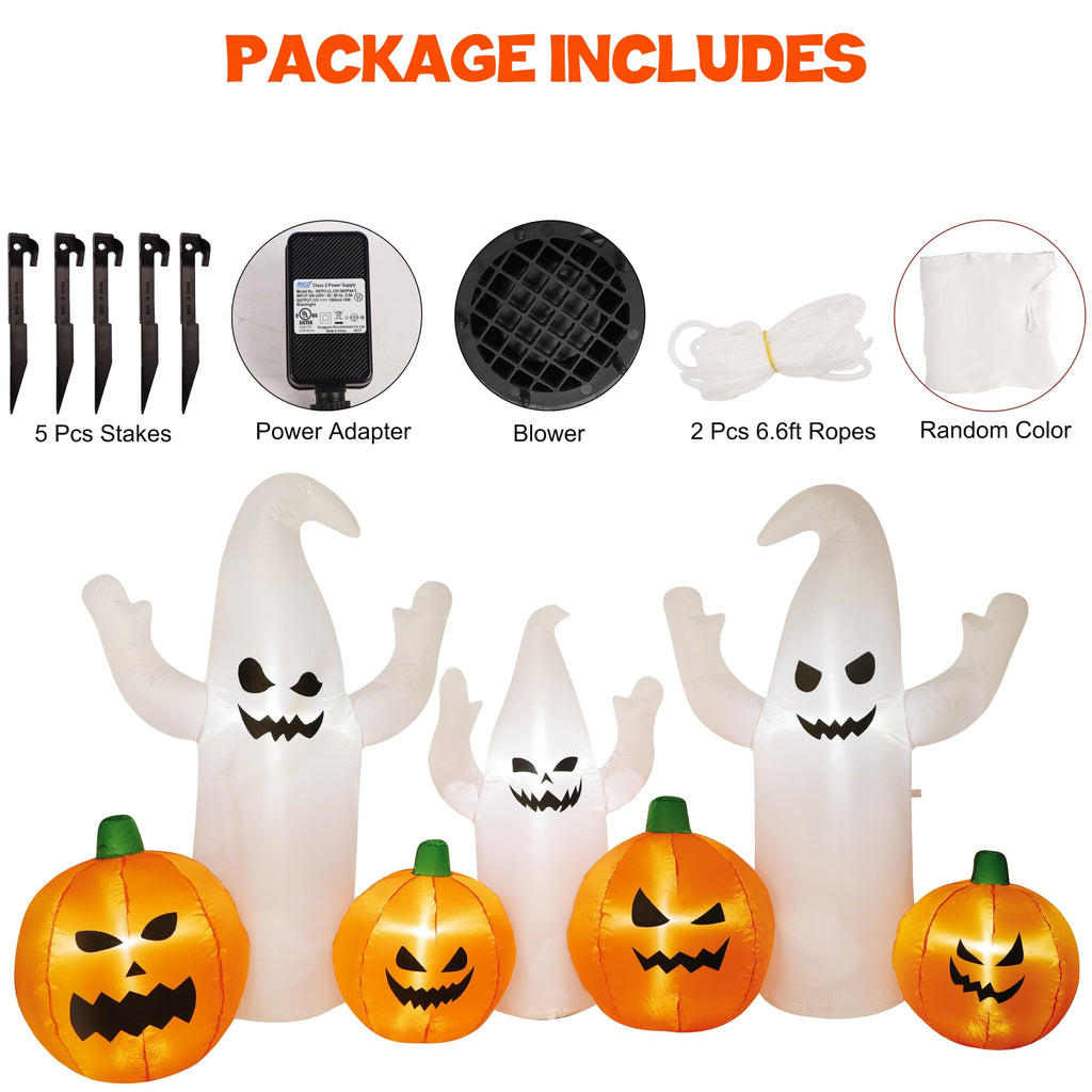 8 FT Lighted Halloween Inflatable Ghosts with Pumpkins W238080