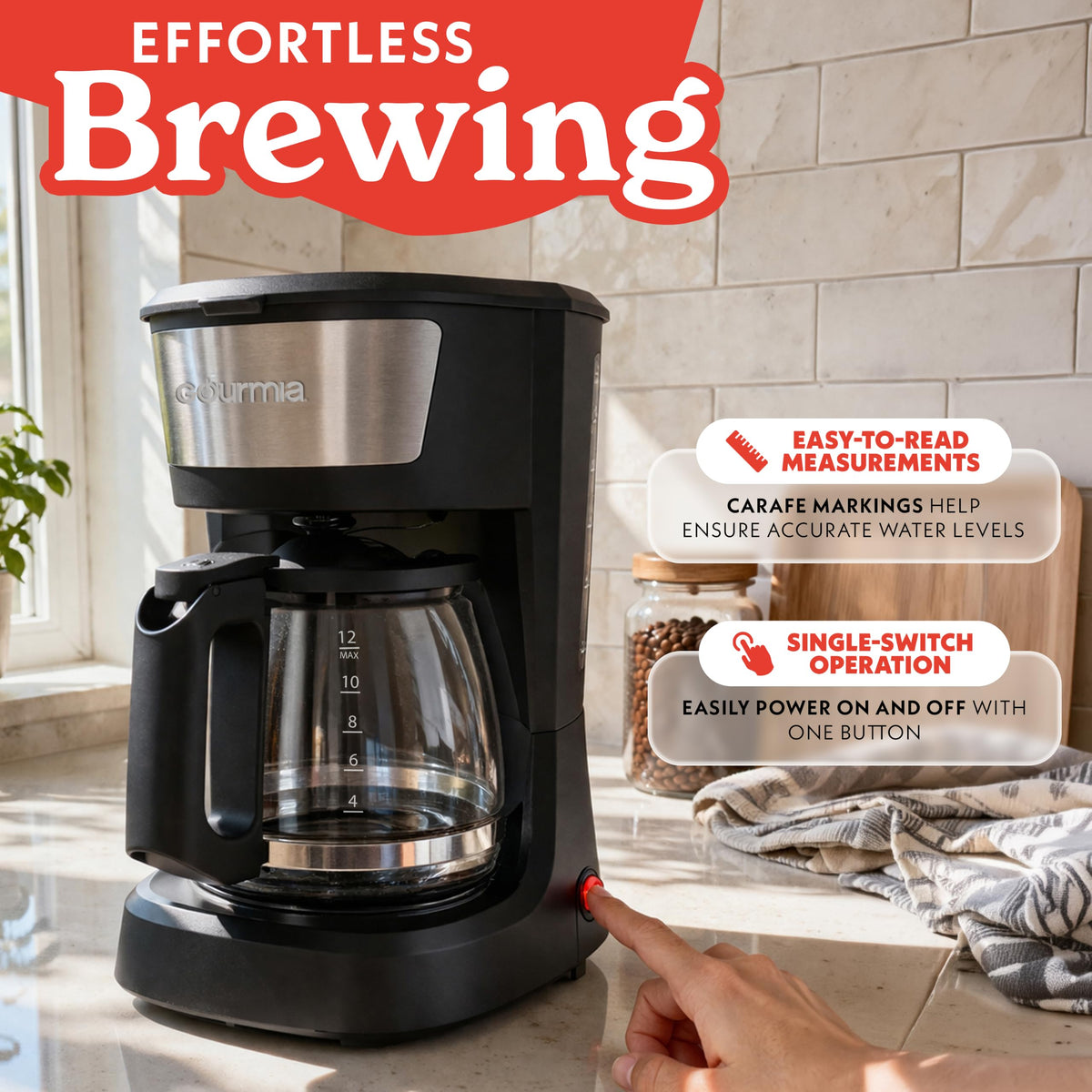 12 Cup Black Glass Carafe Drip Coffee Maker Y1165