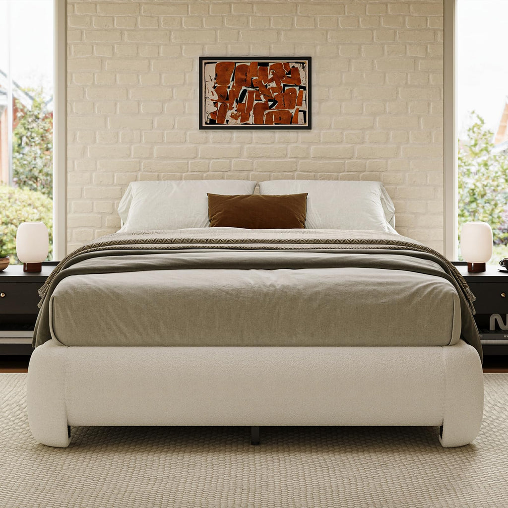 Queen Size White Boucle Upholstered Bed Frame U985